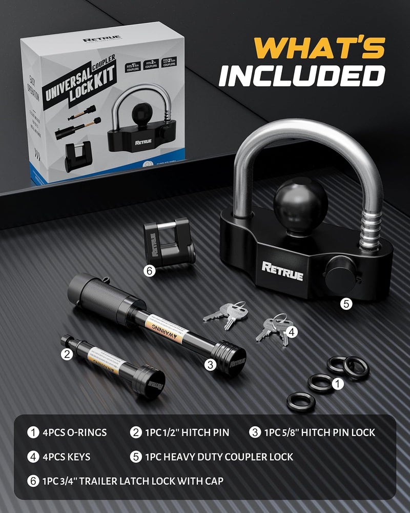 RETRUE Heavy-Duty Keyed-Alike Trailer Lock Set - Universal Coupler, Dual Hitch Receiver Pin, and Trailer Tongue Locks Included, Black - Image 2